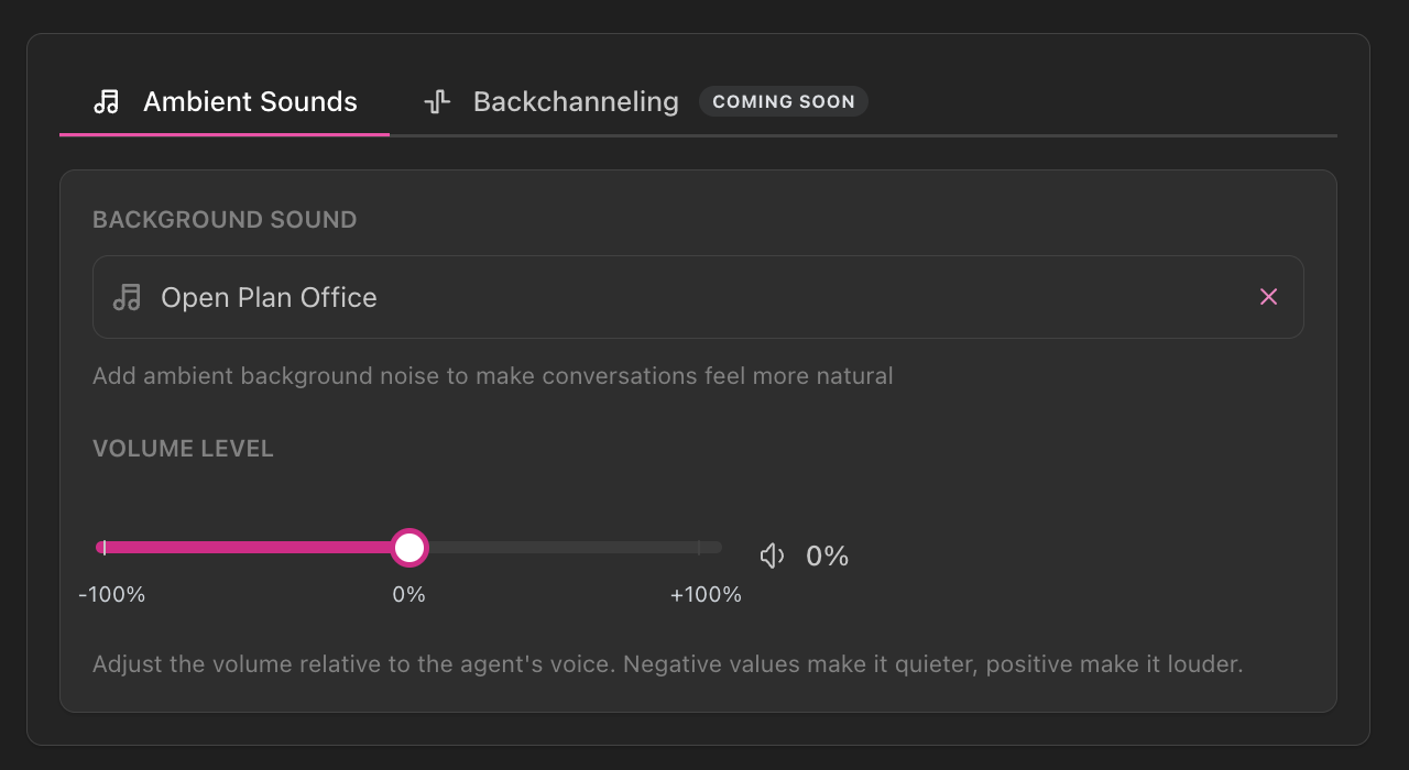 Configuration du volume des sons ambiants affichant le menu déroulant Son de fond avec Bureau Open Space sélectionné, curseur Niveau de volume allant de -100% à +100% avec valeur actuelle à 0%, icône de volume affichant 0%, et description expliquant comment ajuster le volume par rapport à la voix de l'agent