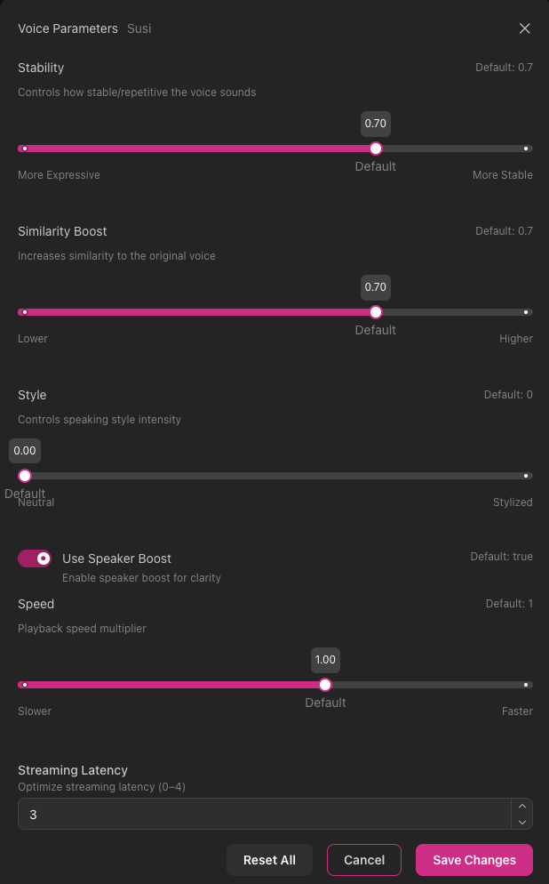 Diálogo Parámetros de Voz ElevenLabs mostrando deslizador Estabilidad con valor predeterminado 0.7 controlando estabilidad y repetitividad de voz, deslizador Aumento de Similitud a 0.7 para aumentar similitud con voz original, deslizador Estilo a 0.00 para intensidad de estilo de habla, botón alternar Usar Aumento de Altavoz habilitado para claridad, deslizador Velocidad a 1.00 para multiplicador de velocidad de reproducción, menú desplegable Latencia de Transmisión establecido en 3, y botones Restablecer Todo, Cancelar, Guardar Cambios