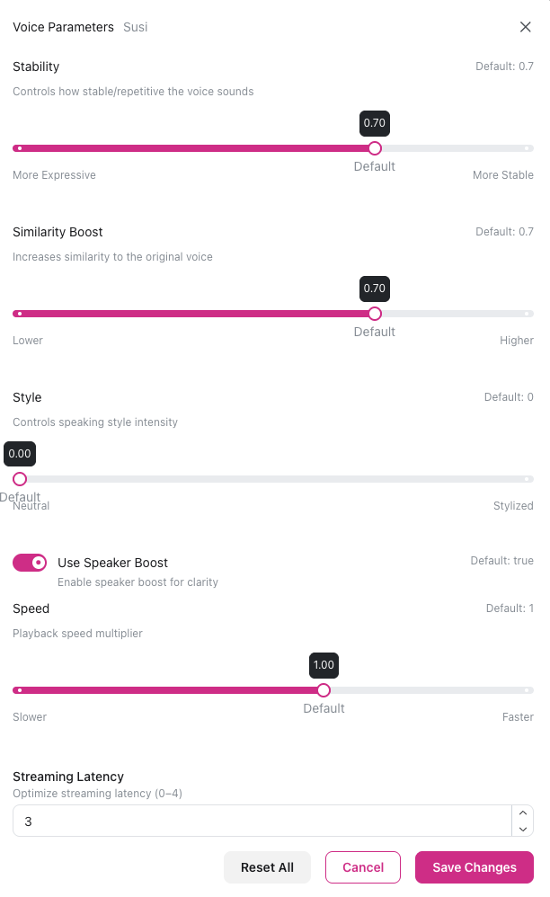 Diálogo Parámetros de Voz ElevenLabs mostrando deslizador Estabilidad con valor predeterminado 0.7 controlando estabilidad y repetitividad de voz, deslizador Aumento de Similitud a 0.7 para aumentar similitud con voz original, deslizador Estilo a 0.00 para intensidad de estilo de habla, botón alternar Usar Aumento de Altavoz habilitado para claridad, deslizador Velocidad a 1.00 para multiplicador de velocidad de reproducción, menú desplegable Latencia de Transmisión establecido en 3, y botones Restablecer Todo, Cancelar, Guardar Cambios