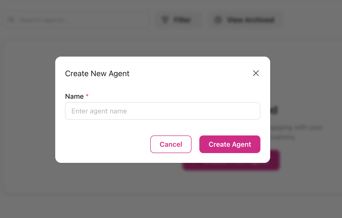 Create New Agent dialog with name field