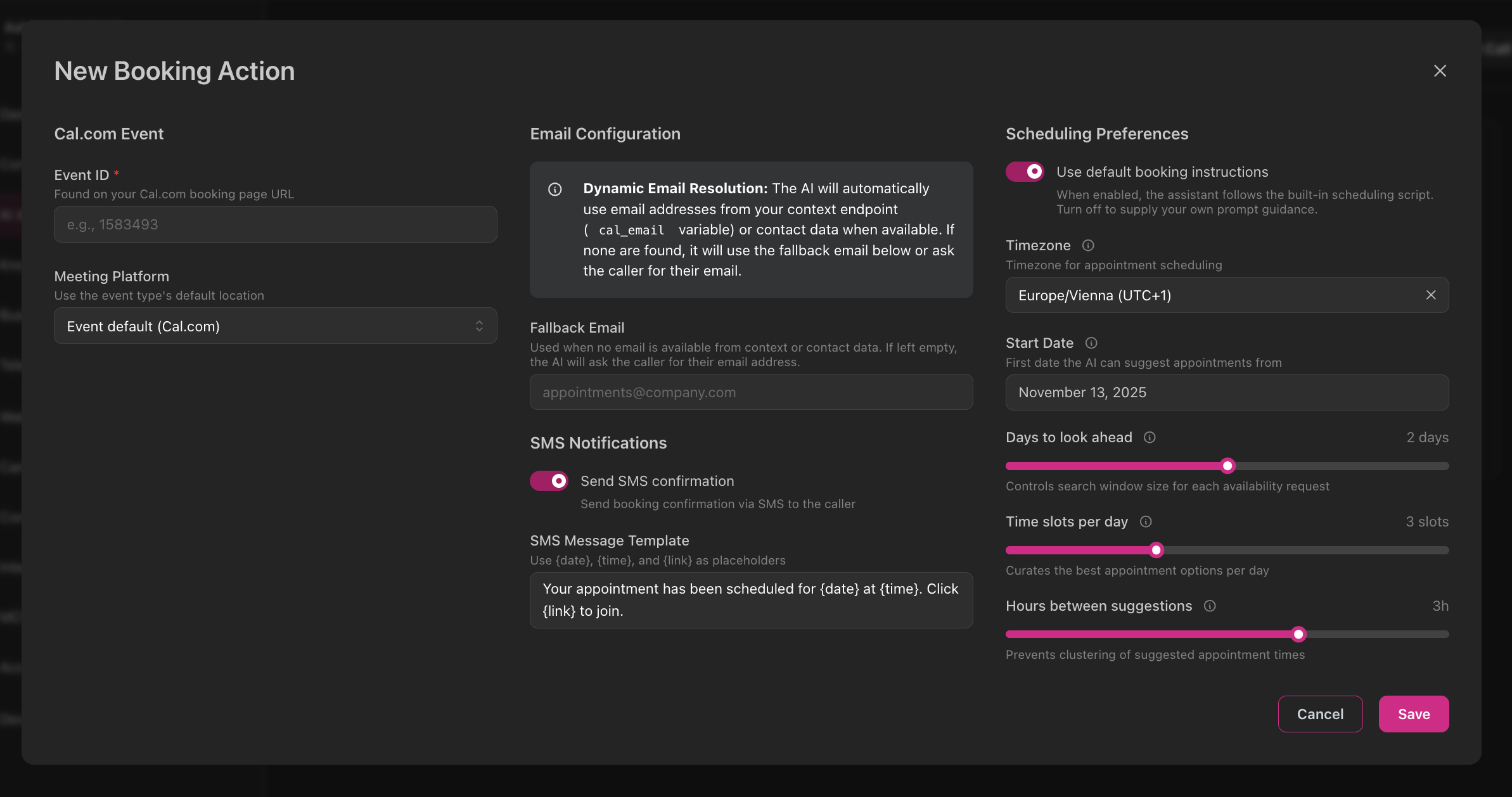 Diálogo de configuração de Nova Ação de Agendamento mostrando configurações de evento, configuração de email, notificações SMS e preferências de agendamento