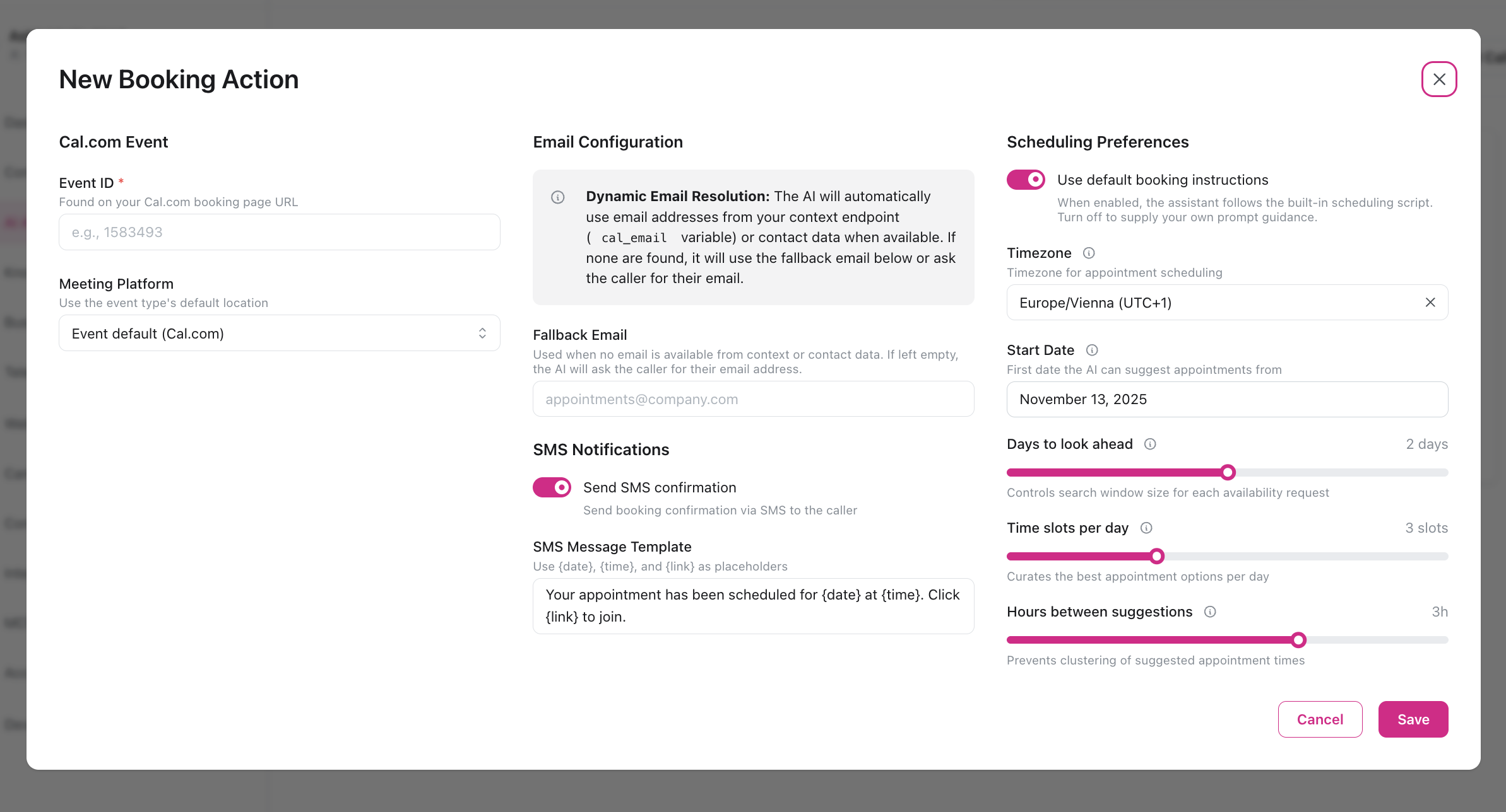 Diálogo de configuração de Nova Ação de Agendamento mostrando configurações de evento, configuração de email, notificações SMS e preferências de agendamento