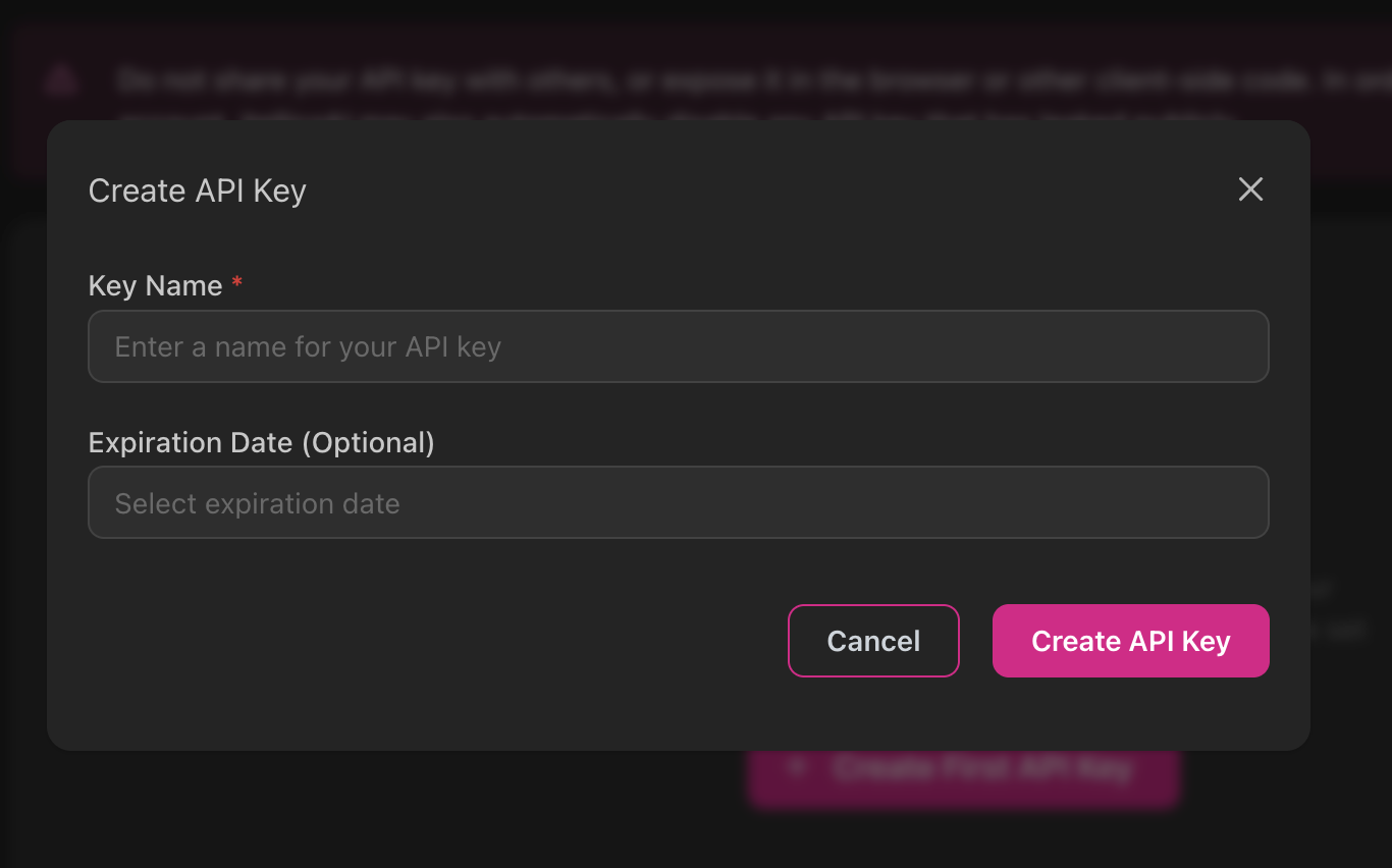 Create API Key dialog with key name and expiration date fields