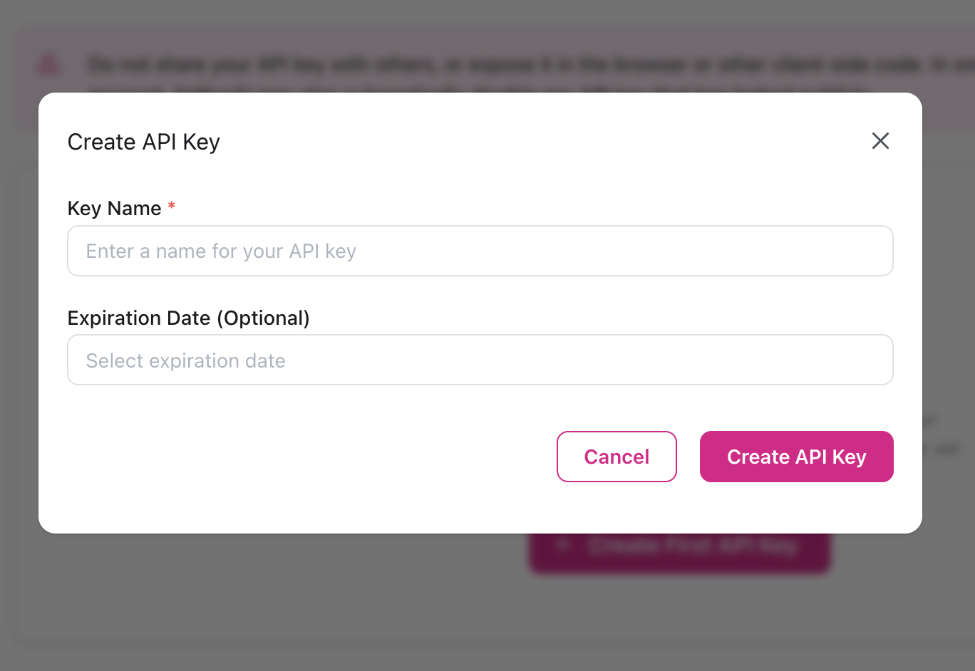 Create API Key dialog with key name and expiration date fields