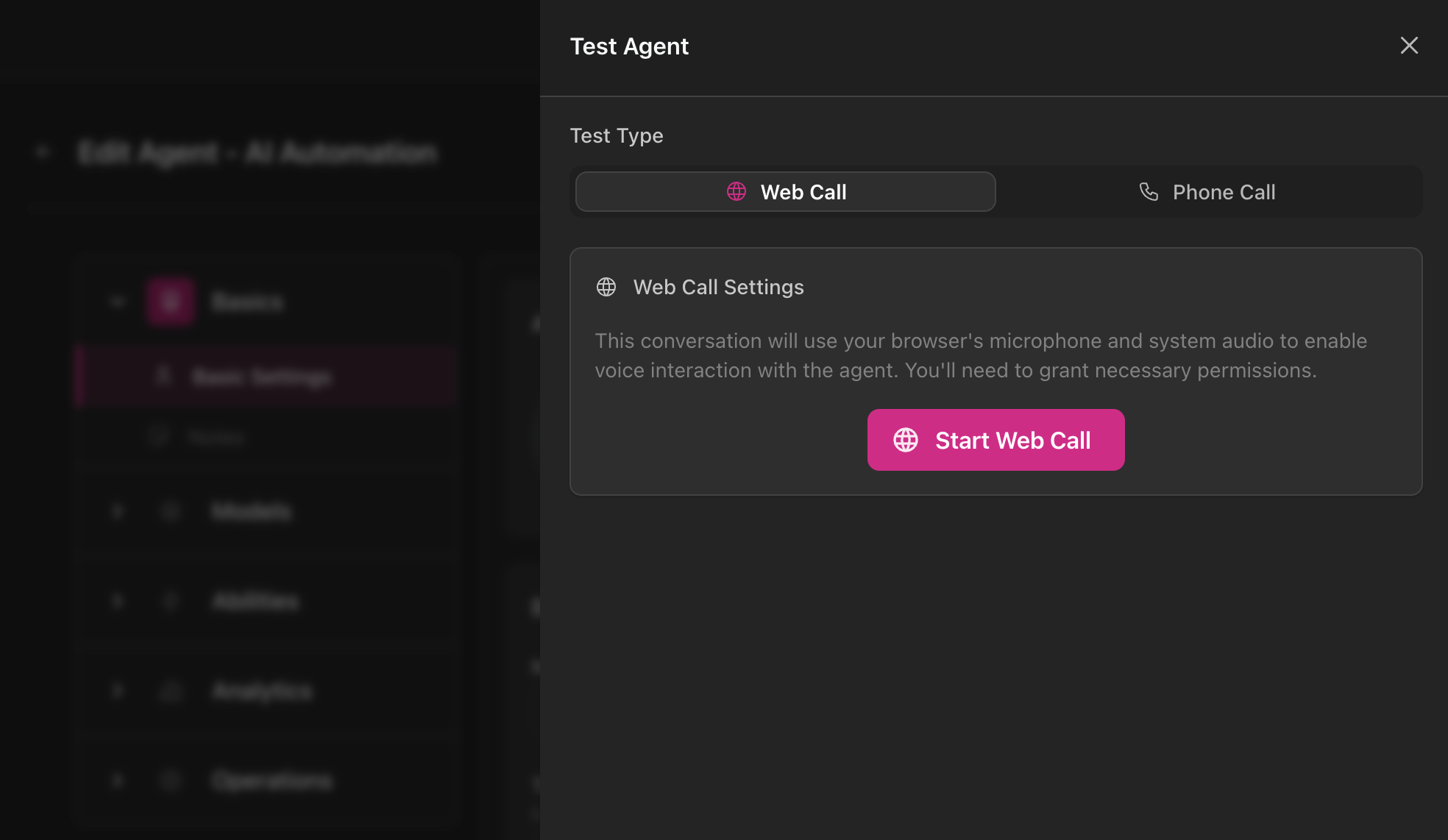 Diálogo Probar Agente mostrando opciones de Llamada Web y Llamada Telefónica con botón Iniciar Llamada Web