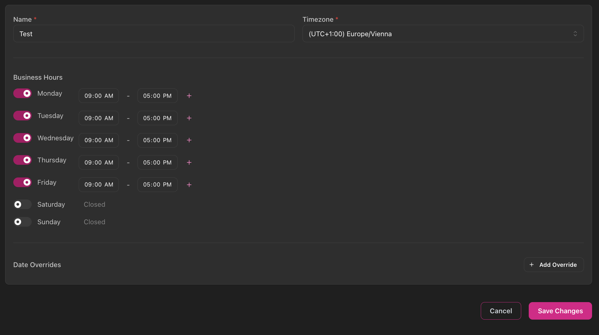 Business Hours settings showing Name field with 'Test', Timezone dropdown with Europe/Vienna selected, weekly schedule with Monday-Friday 09:00 AM to 05:00 PM with toggle buttons and add time window options, Saturday-Sunday marked as Closed, Date Overrides section with Add Override button, Cancel and Save Changes buttons
