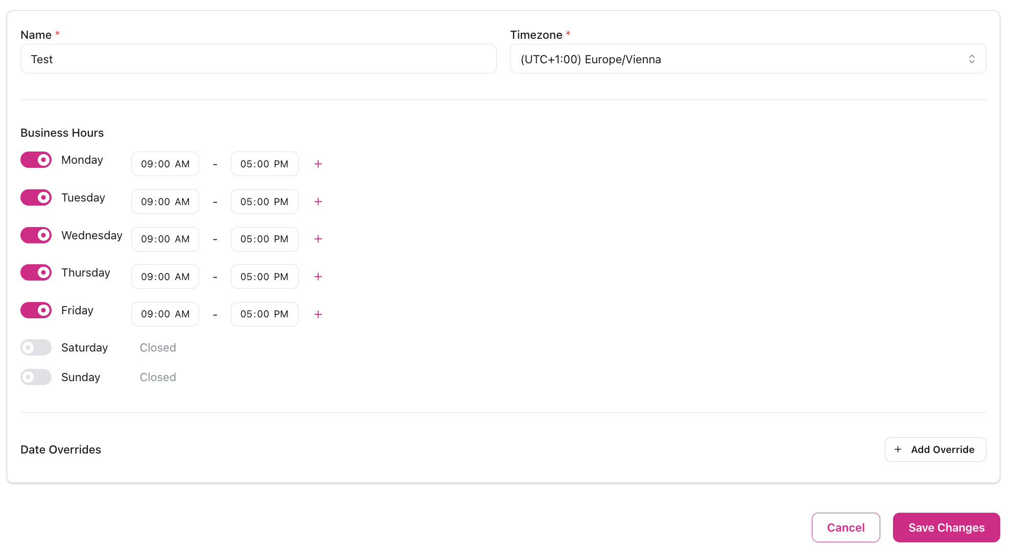 Business Hours settings showing Name field with 'Test', Timezone dropdown with Europe/Vienna selected, weekly schedule with Monday-Friday 09:00 AM to 05:00 PM with toggle buttons and add time window options, Saturday-Sunday marked as Closed, Date Overrides section with Add Override button, Cancel and Save Changes buttons