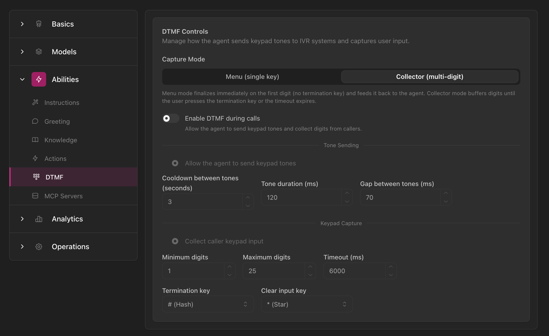 Configuration des contrôles DTMF montrant le mode de capture, les paramètres de tonalité et les paramètres du collecteur