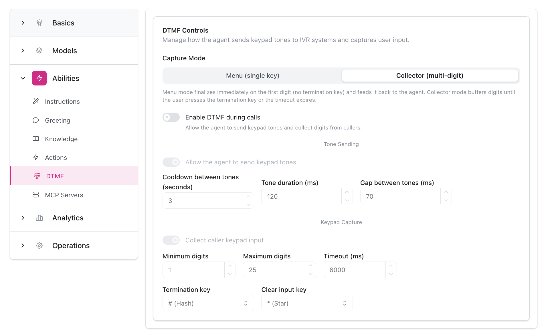 Configuration des contrôles DTMF montrant le mode de capture, les paramètres de tonalité et les paramètres du collecteur