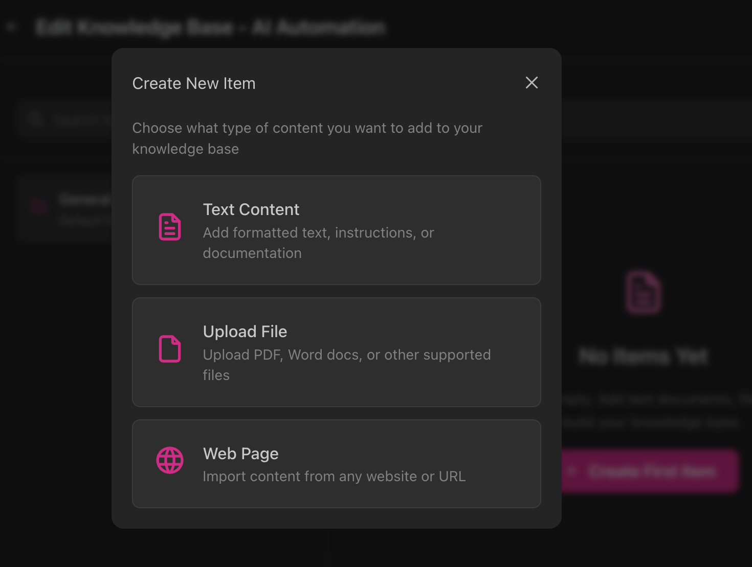 Create New Item dialog showing Text Content, Upload File, and Web Page options