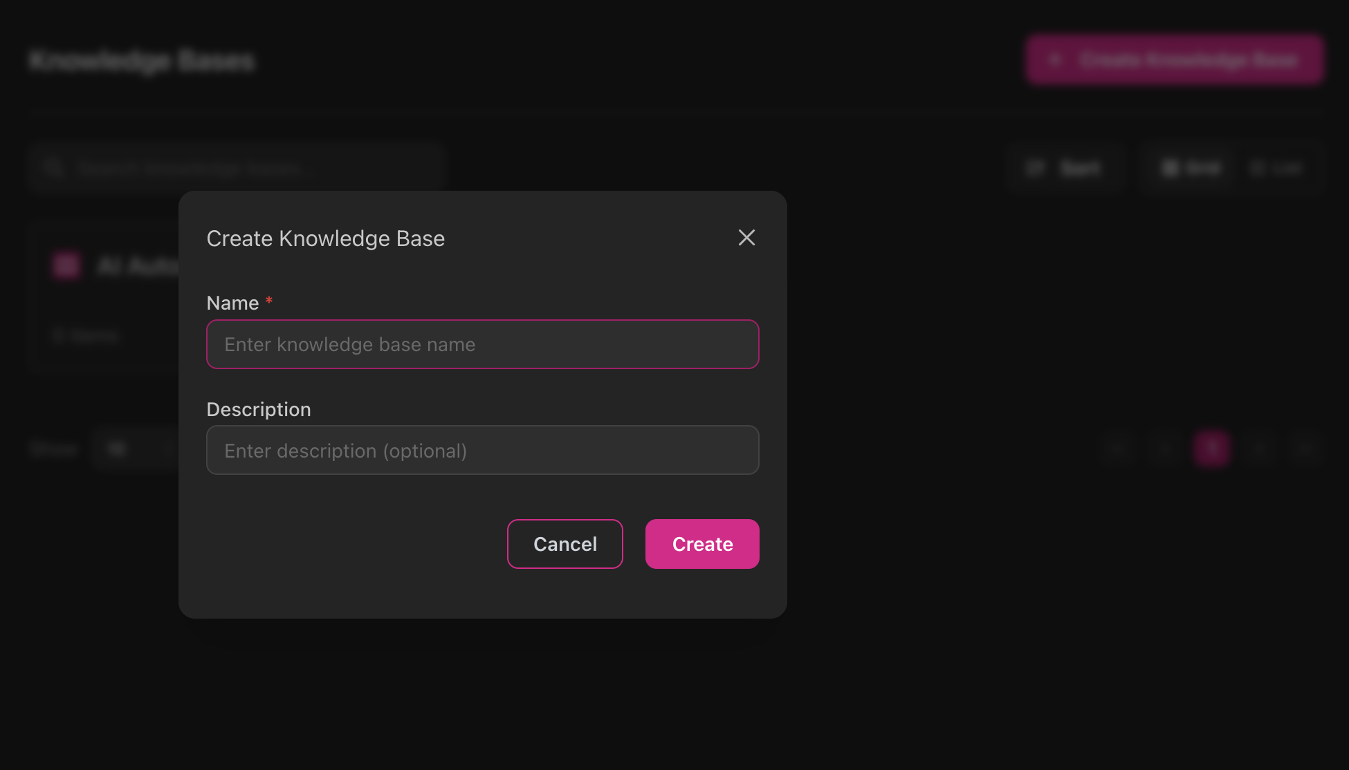 Create Knowledge Base dialog with name and description fields