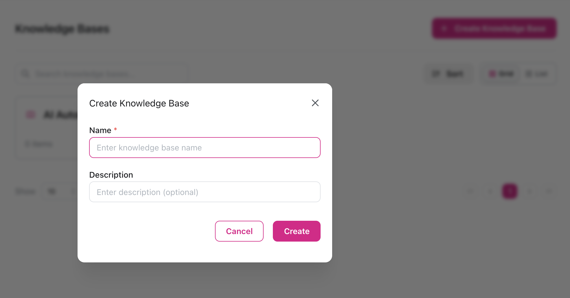 Create Knowledge Base dialog with name and description fields