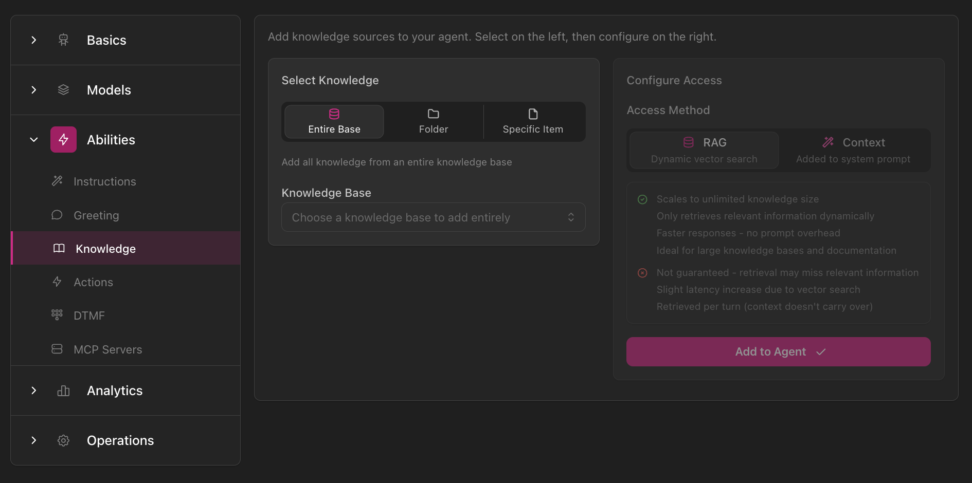 Configuração de Acesso ao Conhecimento mostrando opções Selecionar Conhecimento (Base Inteira, Pasta, Específico), menu suspenso Base de Conhecimento e painel Configurar Acesso com seleção de modo RAG vs Contexto e explicações detalhadas