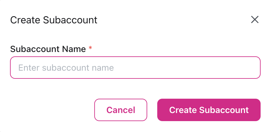 Create Subaccount dialog with subaccount name input field, Cancel and Create Subaccount buttons