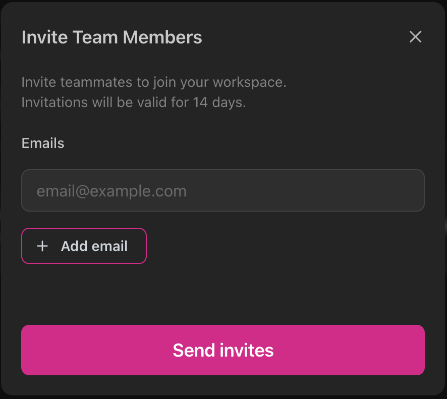 Invite Team Members dialog showing email input field, Add email button, and Send invites button with 14-day validity notice