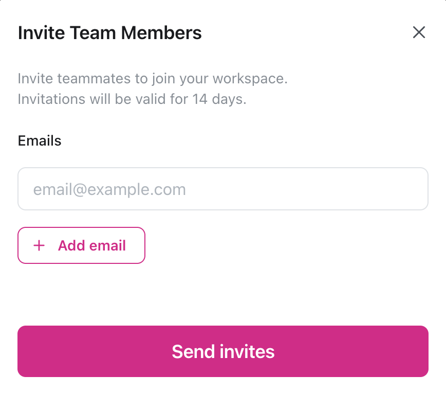 Invite Team Members dialog showing email input field, Add email button, and Send invites button with 14-day validity notice