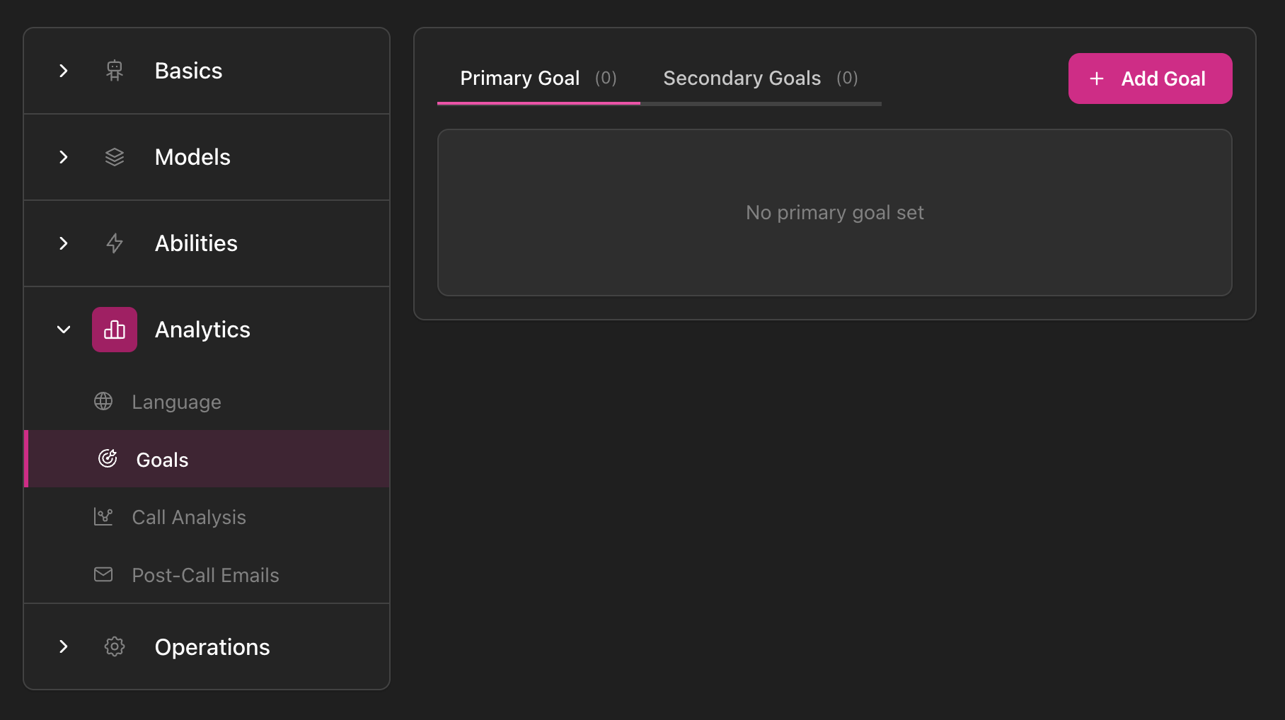 Configuração de Objetivos mostrando barra lateral de navegação com seção Análise expandida e Objetivos selecionados, abas Objetivo Primário e Objetivos Secundários com botão Adicionar Objetivo e mensagem de estado vazio 'Nenhum objetivo primário definido'