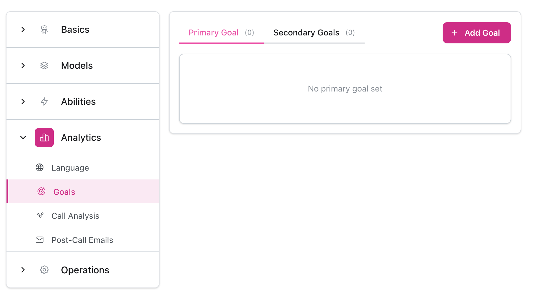 Configuração de Objetivos mostrando barra lateral de navegação com seção Análise expandida e Objetivos selecionados, abas Objetivo Primário e Objetivos Secundários com botão Adicionar Objetivo e mensagem de estado vazio 'Nenhum objetivo primário definido'