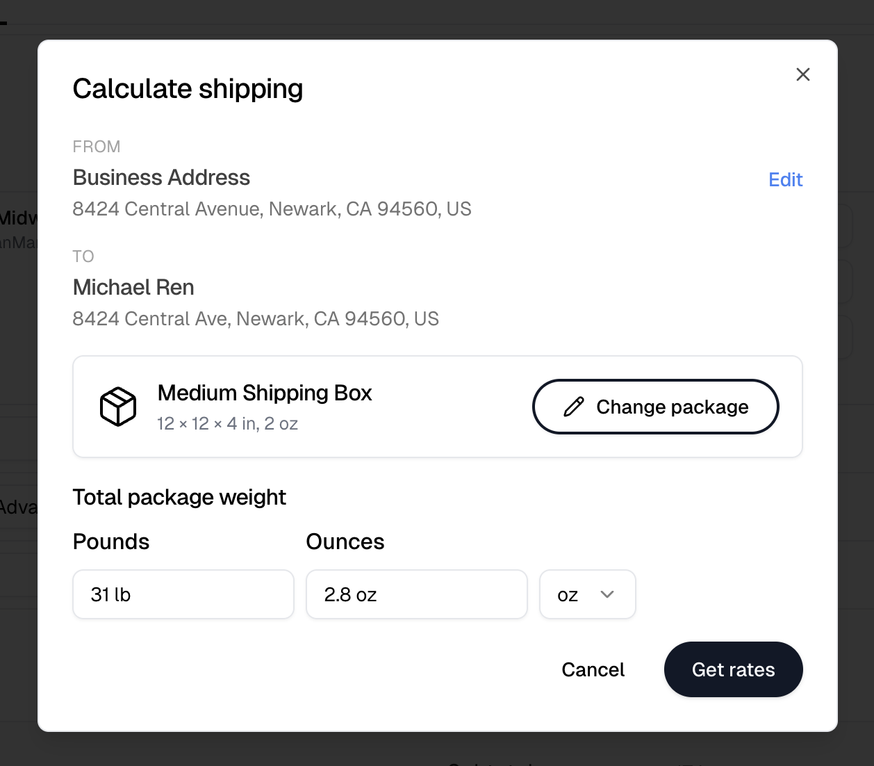 The Calculate shipping dialog with the From and To addresses, the package, the total package weight, and Get rates