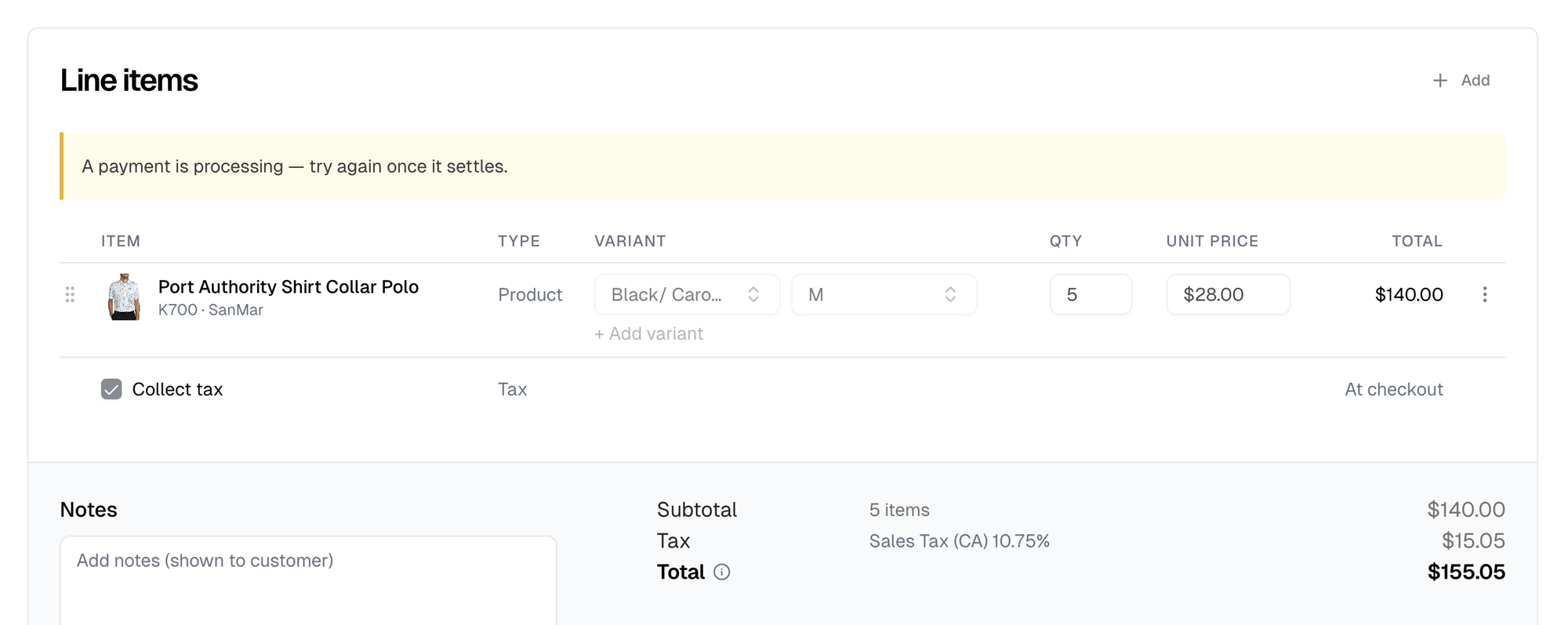 The Line items card while a payment is processing, with a callout above the line items and the line controls disabled