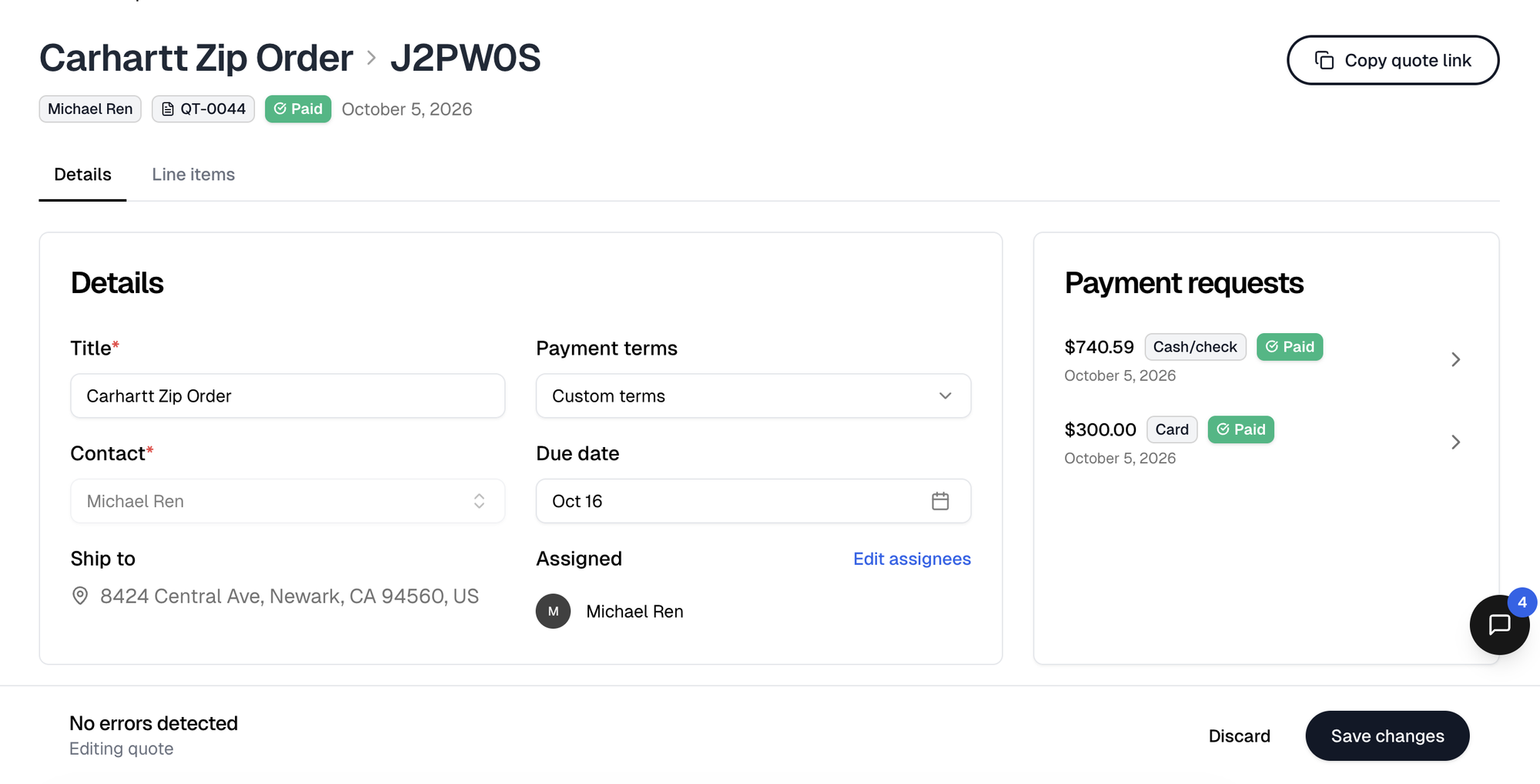 A paid quote's page with Copy quote link in the header, the Details and Line items tabs, the Details card beside Payment requests, and Discard and Save changes in the footer
