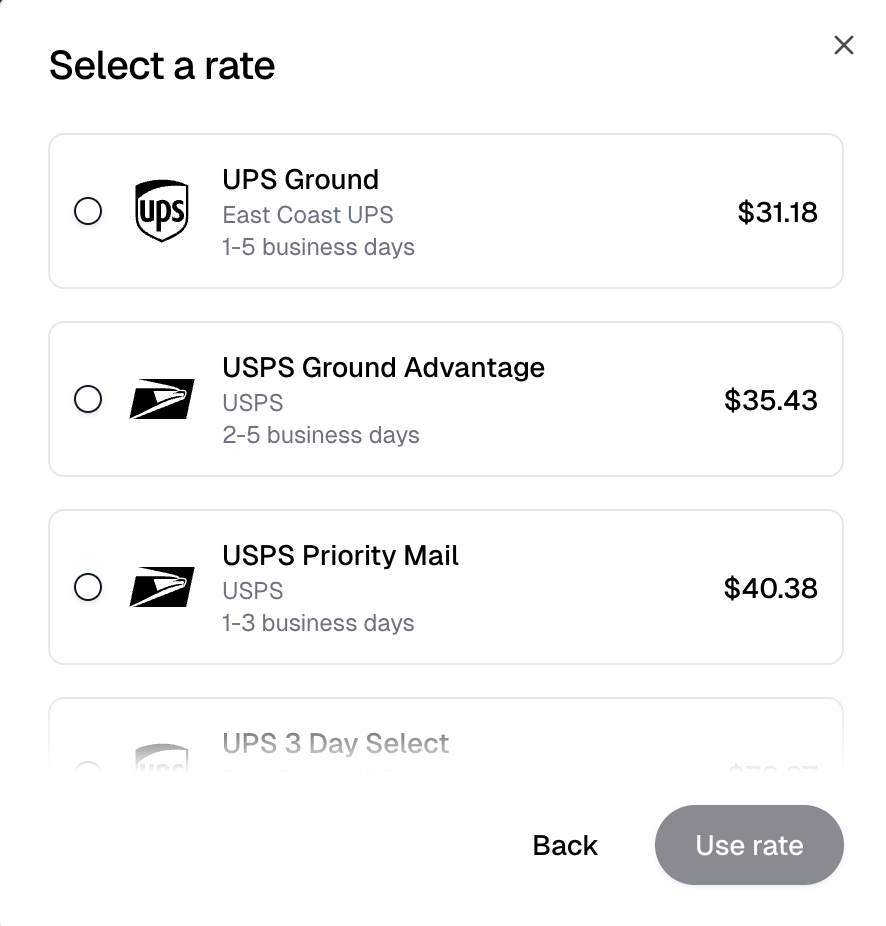 The Select a rate dialog listing UPS and USPS services with their delivery times and prices, above Back and Use rate