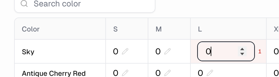 A quantity cell in edit mode, with its number input