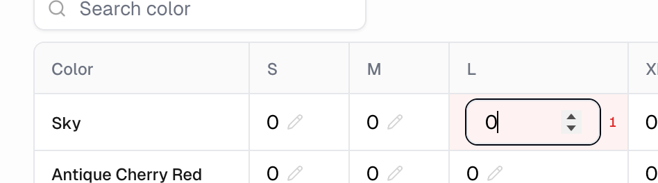A quantity cell in edit mode, with its number input