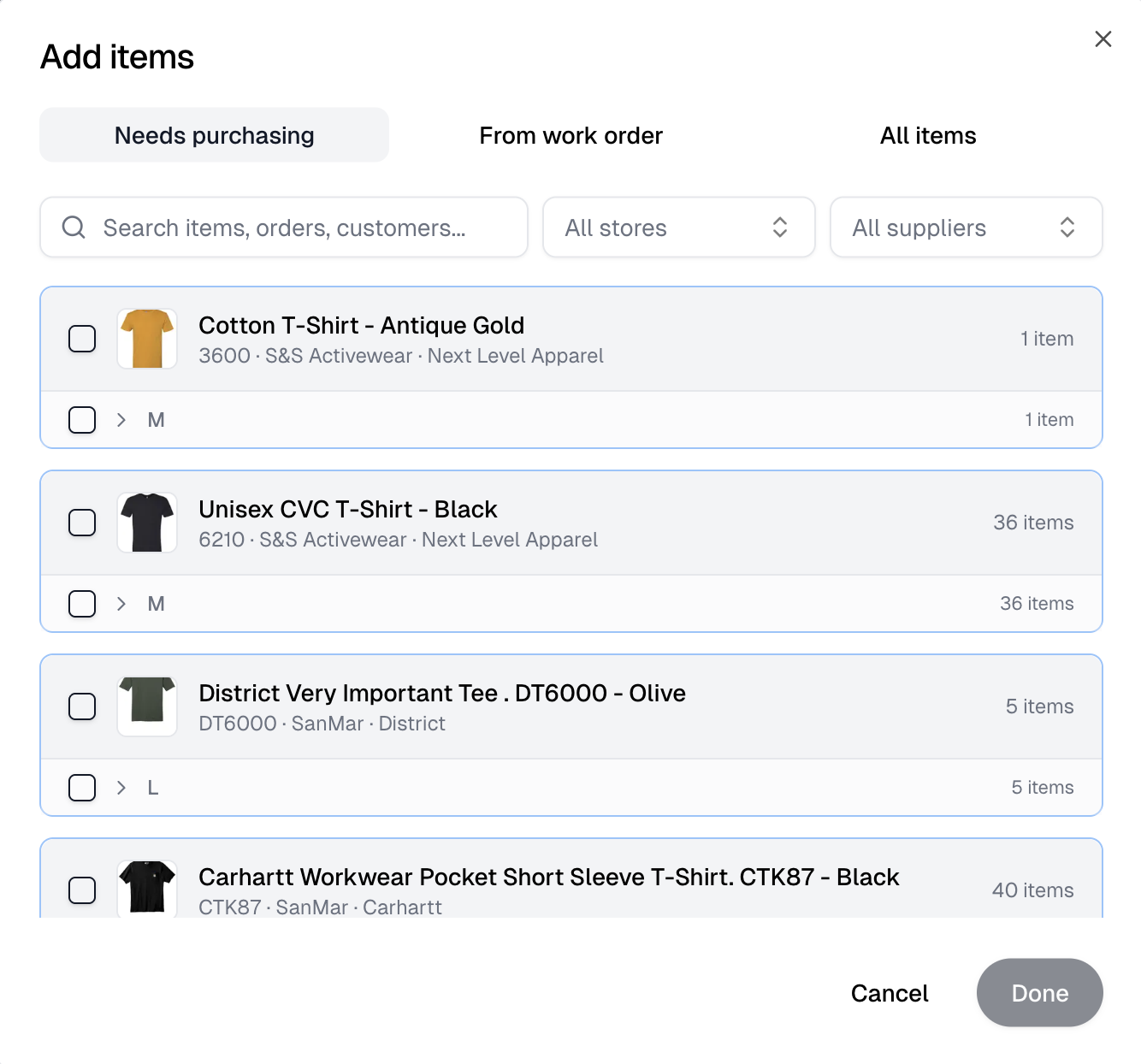 The Add items dialog on the Needs purchasing tab, with store and supplier filters and items grouped by product