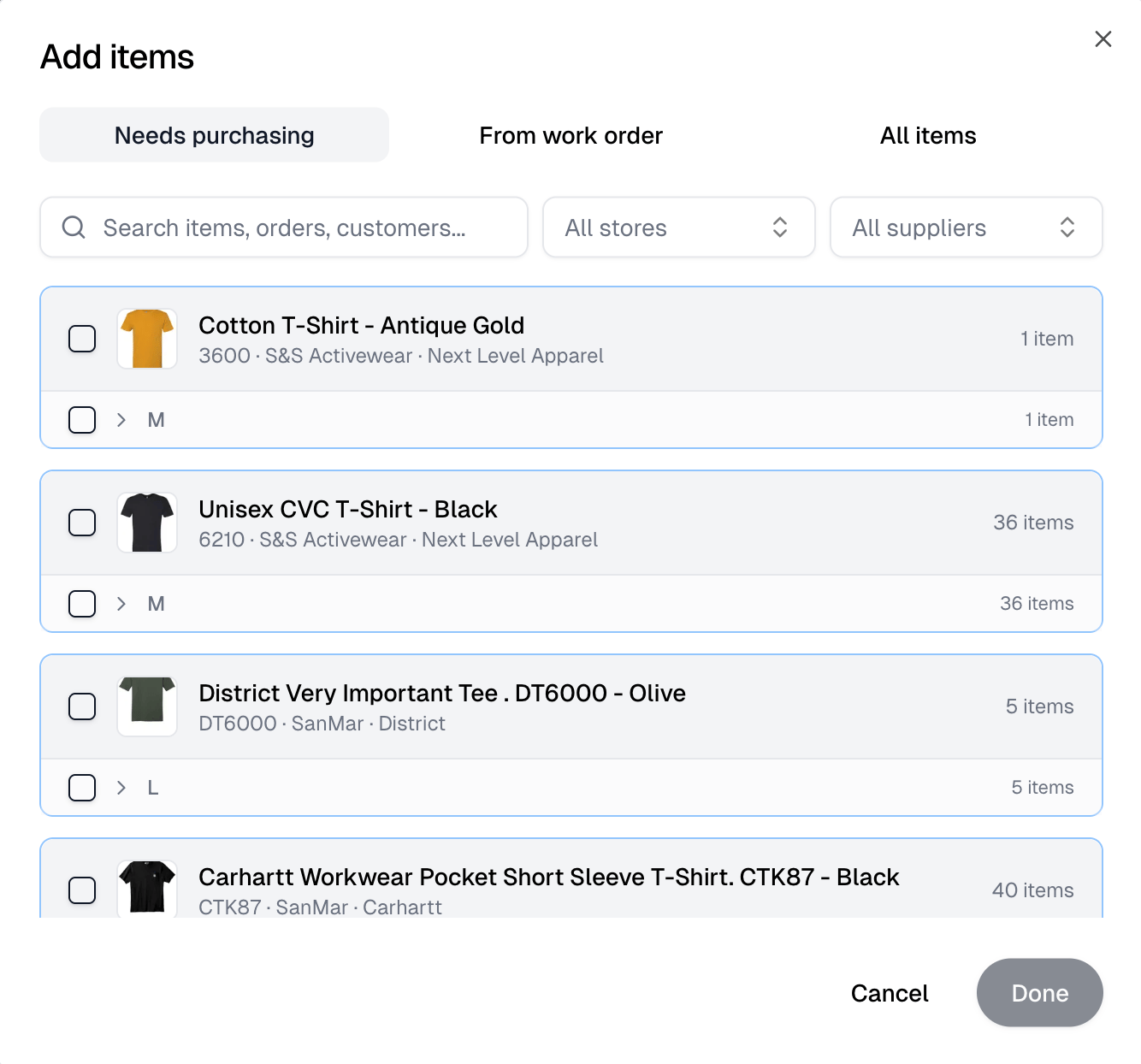 The Add items dialog on the Needs purchasing tab, with store and supplier filters and items grouped by product