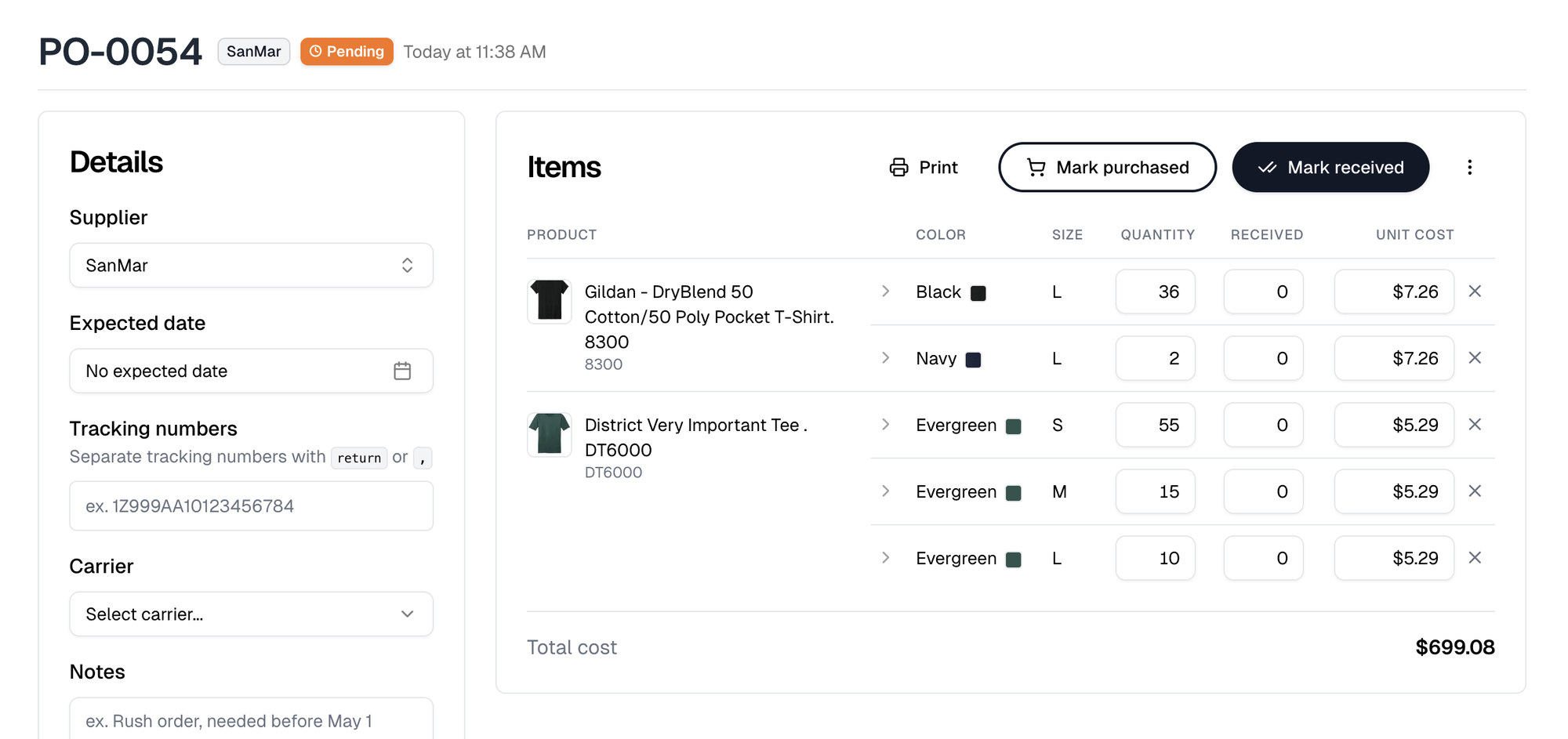 A pending purchase order with Mark purchased and Mark received on its Items panel, and the Quantity and Received columns side by side