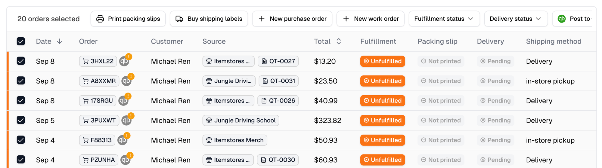 The Orders list with rows selected, showing the bulk toolbar above the table