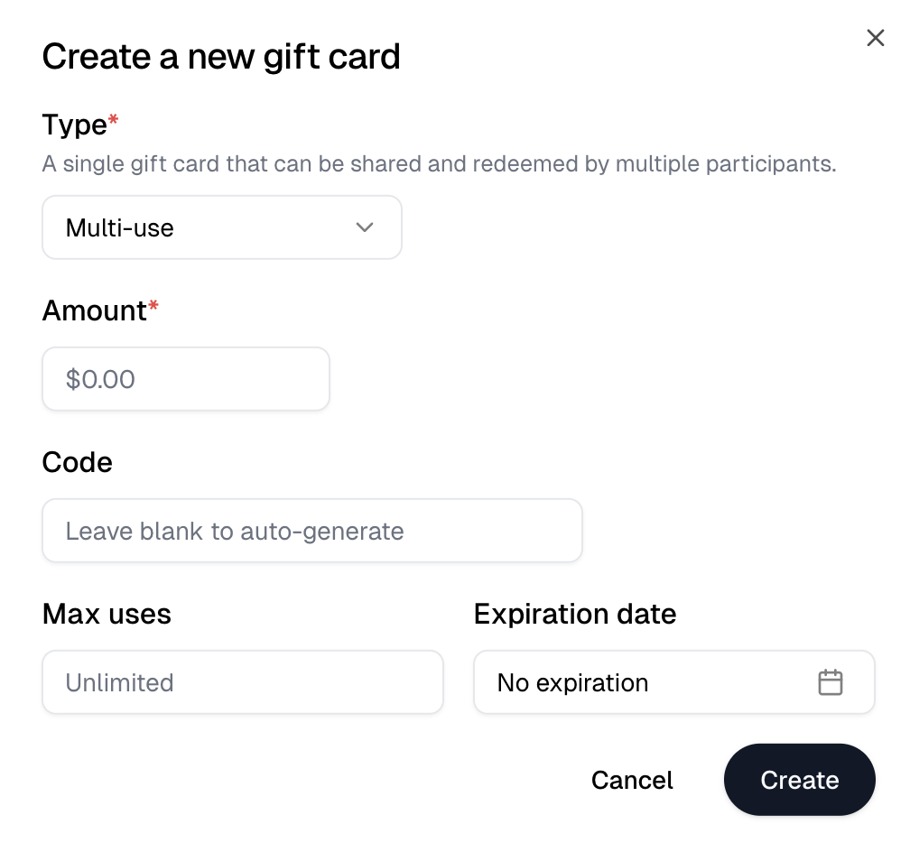 The Create a new gift card dialog for a multi-use card, with amount, code, max uses and expiration date