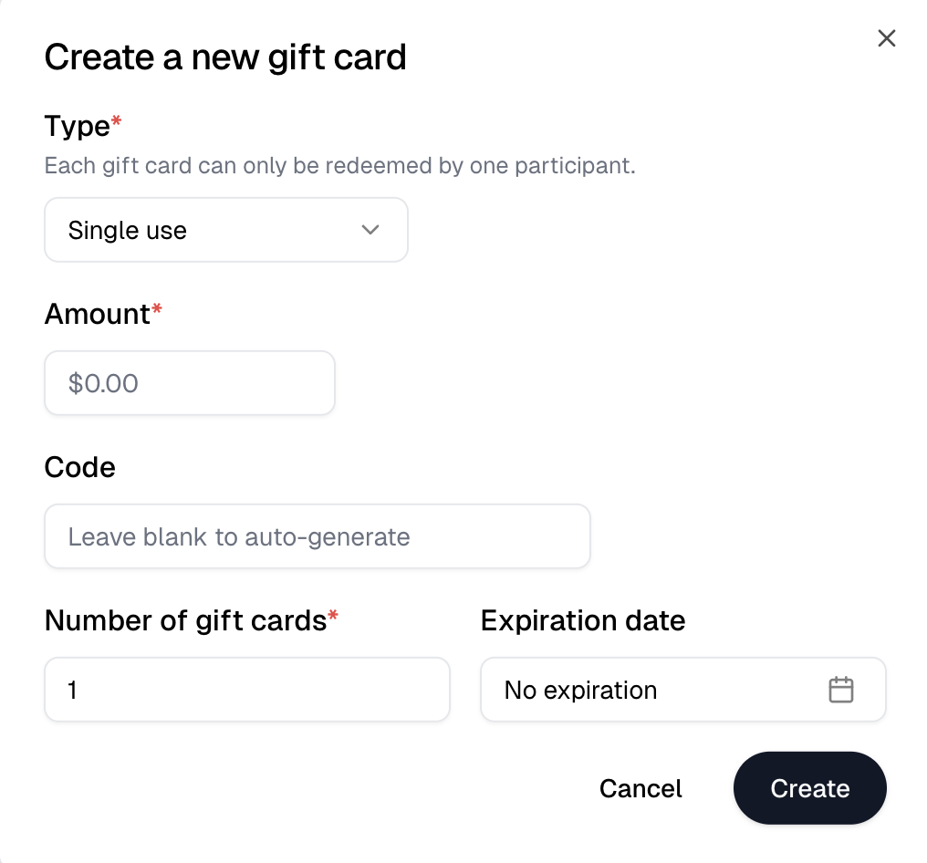 The Create a new gift card dialog for a single use card, with amount, code, number of gift cards and expiration date