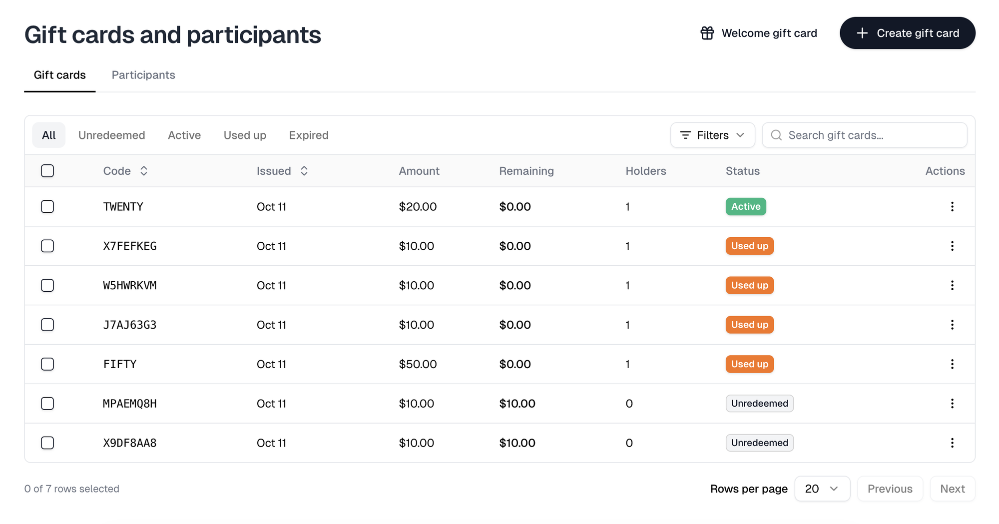 The Gift cards tab with status tabs, Filters, and cards showing amount, remaining, holders and status