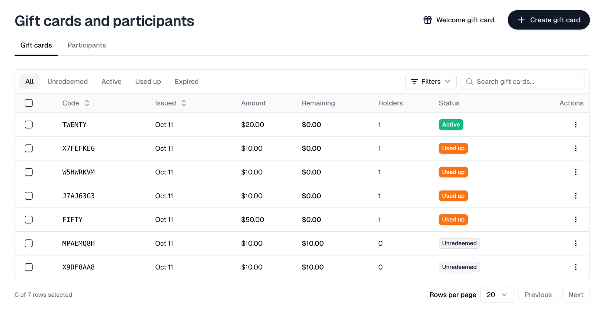 The Gift cards tab with status tabs, Filters, and cards showing amount, remaining, holders and status