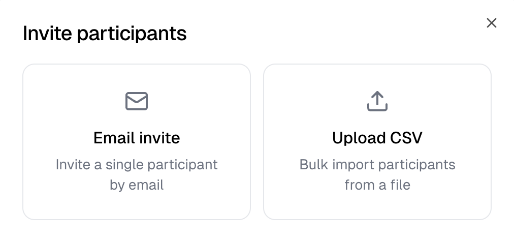 The Invite participants chooser with the Email invite and Upload CSV tiles