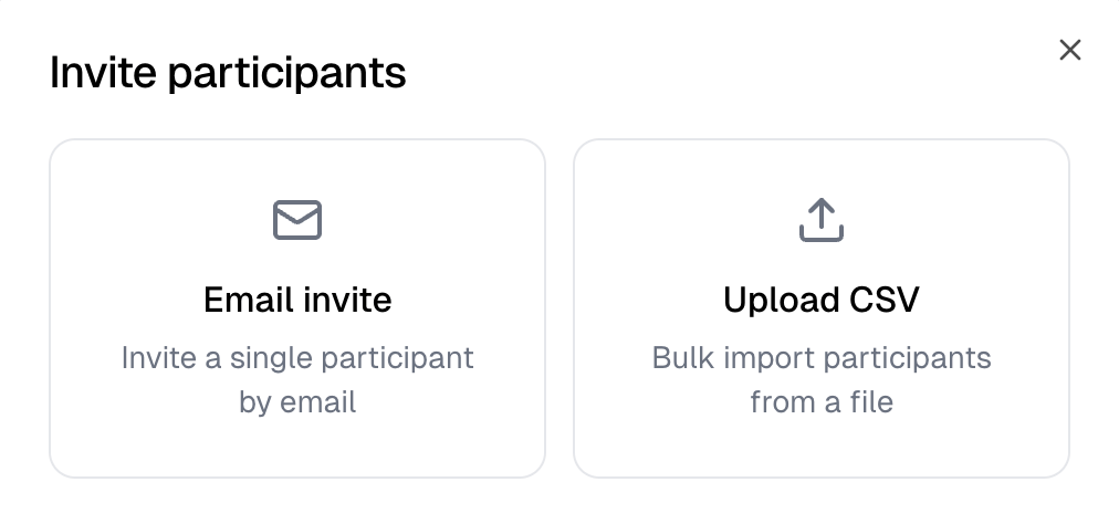 The Invite participants chooser with the Email invite and Upload CSV tiles