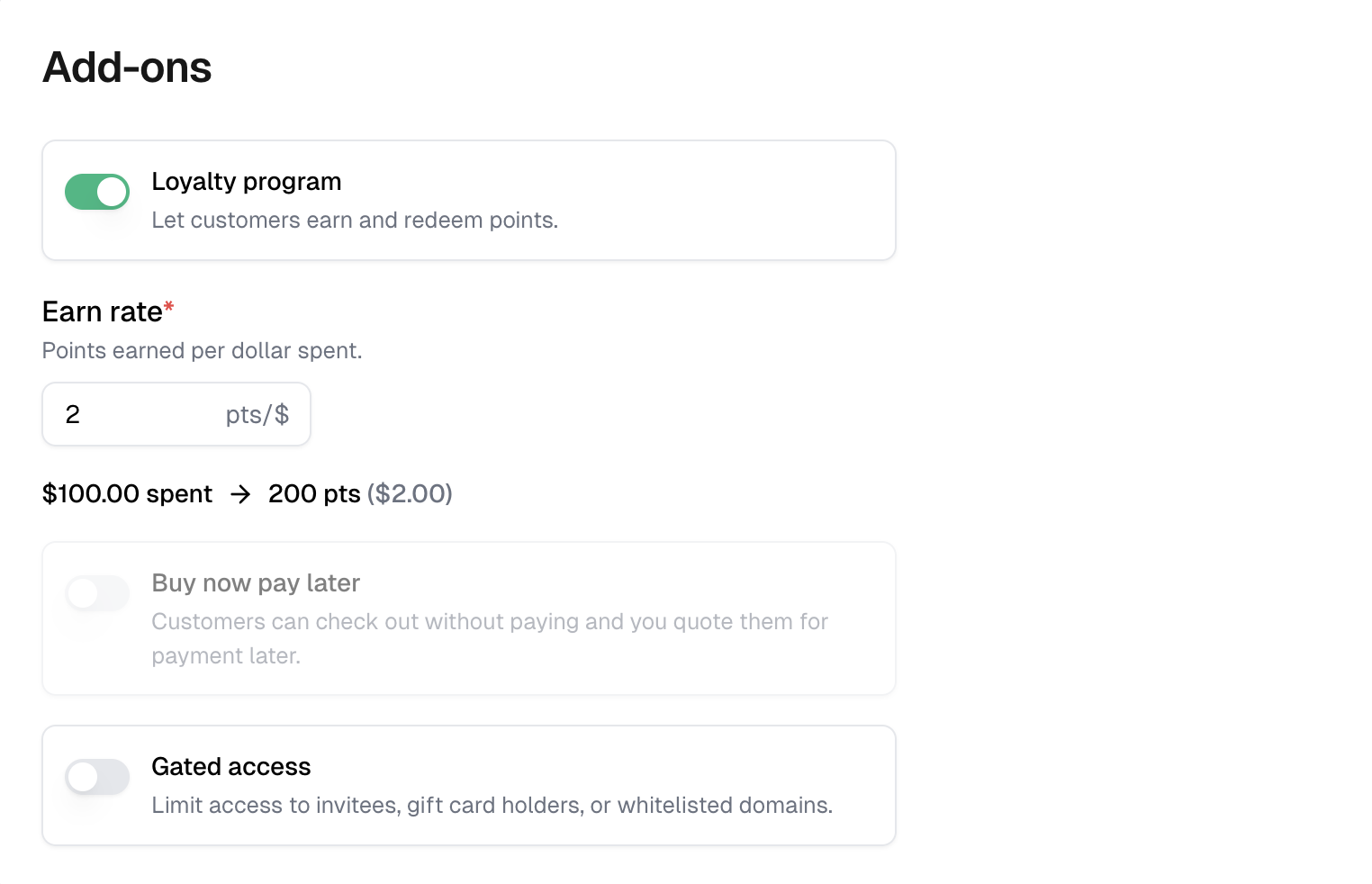 Add-ons with Loyalty program on, an earn rate of 2 points per dollar, and the preview of what a purchase earns