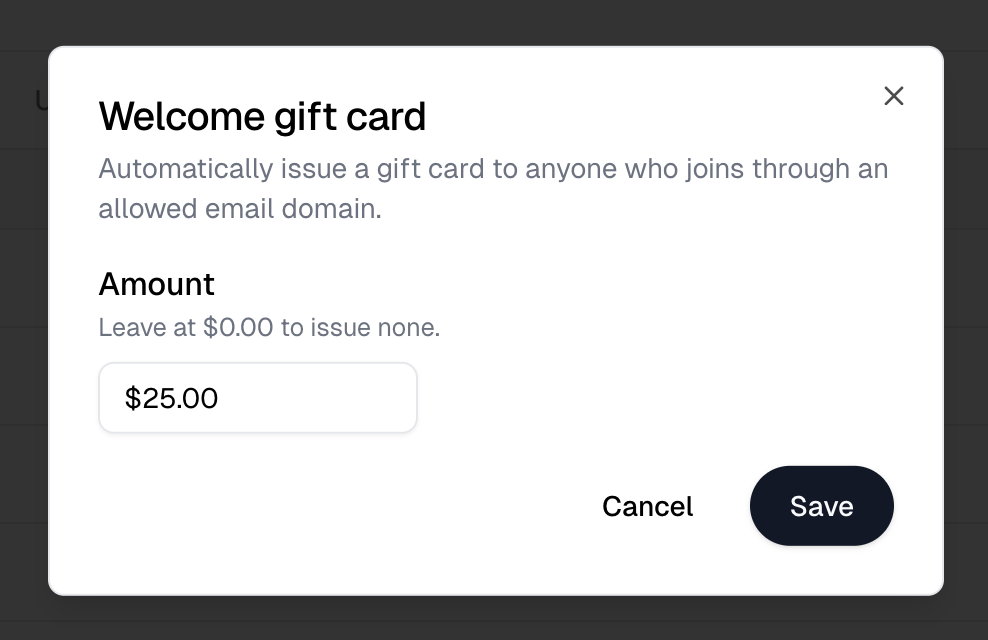 The Welcome gift card dialog with an amount entered