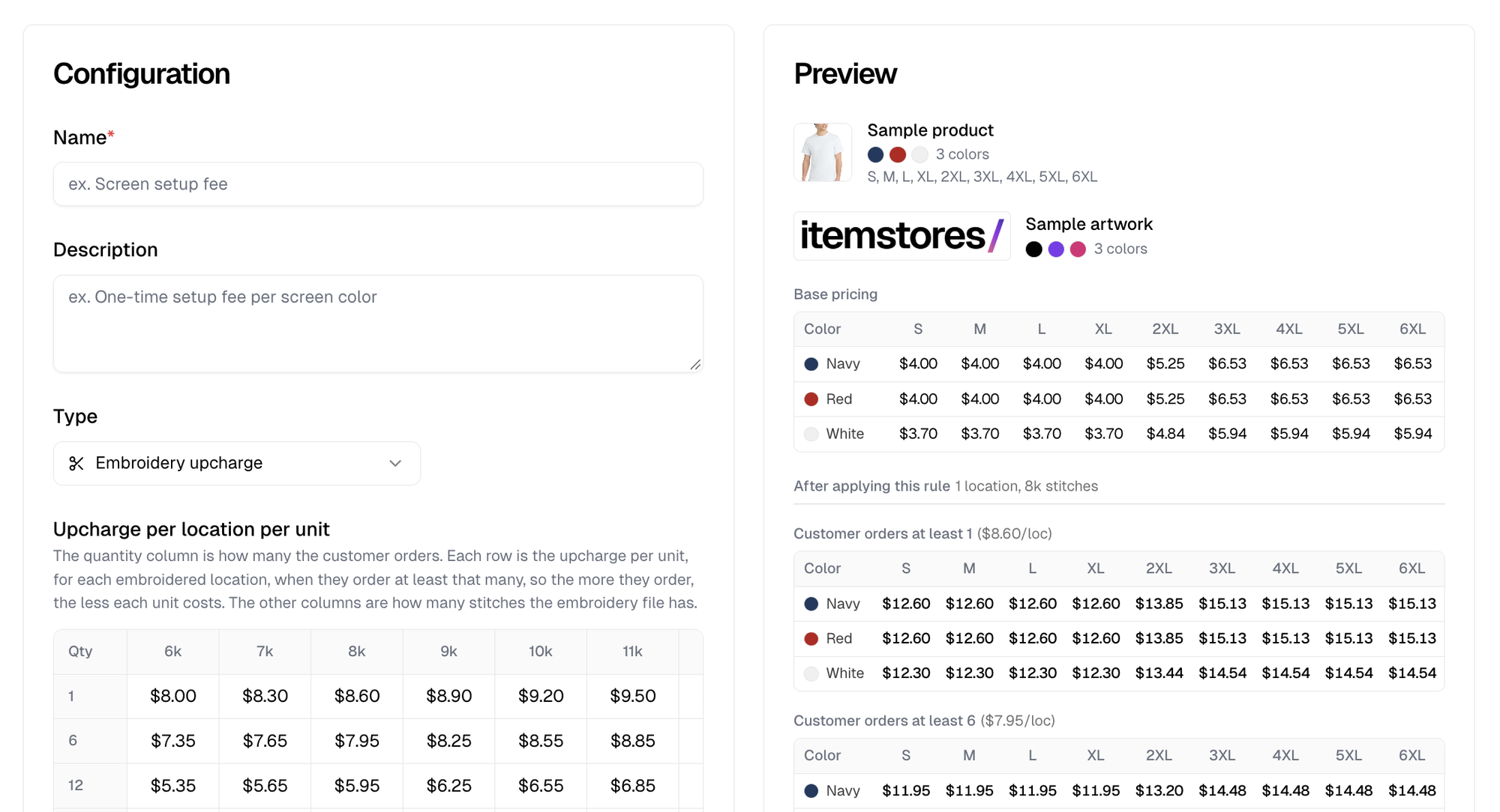An embroidery upcharge rule with quantity tiers down and stitch counts across, beside a preview naming its location and stitch assumption