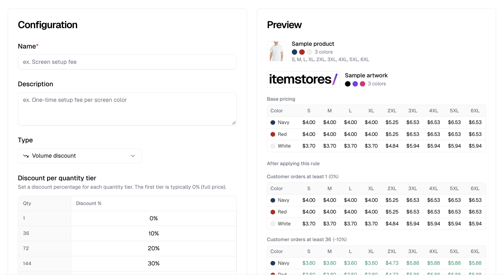 A volume discount rule with its quantity tiers beside a preview pricing each tier separately