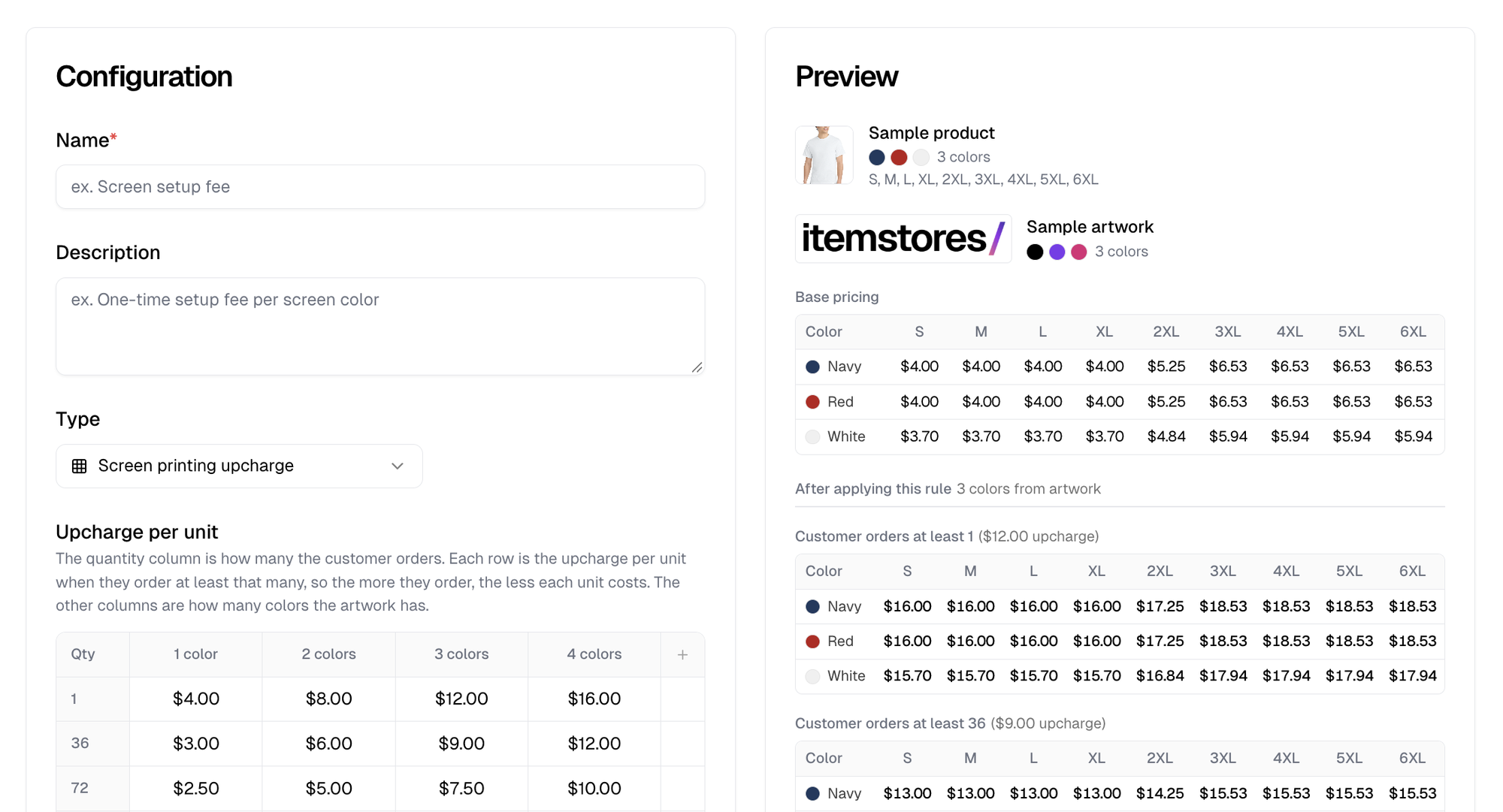 A rule's preview, with base pricing above and the result below, broken out per quantity tier