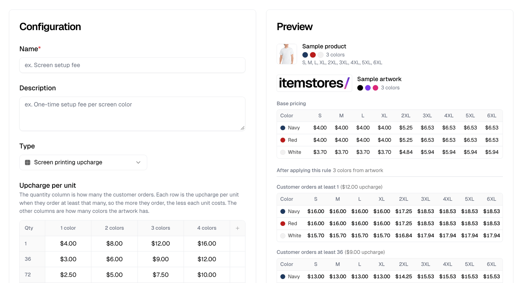 A rule's preview, with base pricing above and the result below, broken out per quantity tier