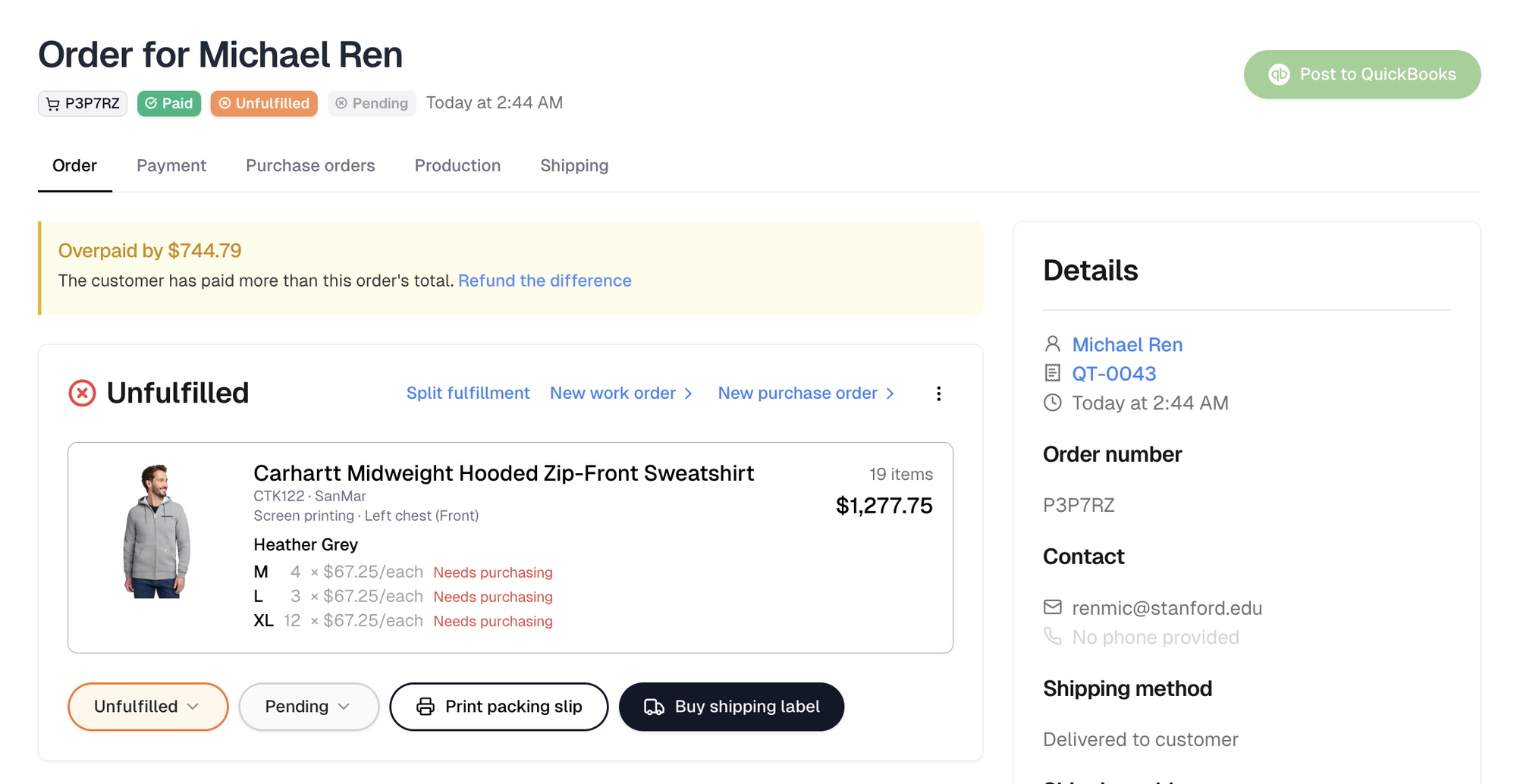 An order with the Overpaid by banner and its Refund the difference link above the items