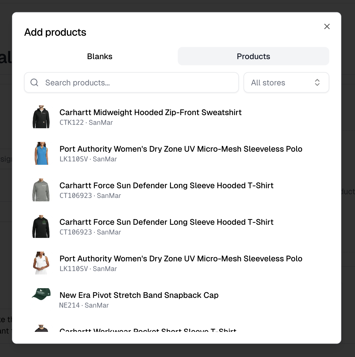 The Add products dialog on its Products tab, with a store filter beside the search
