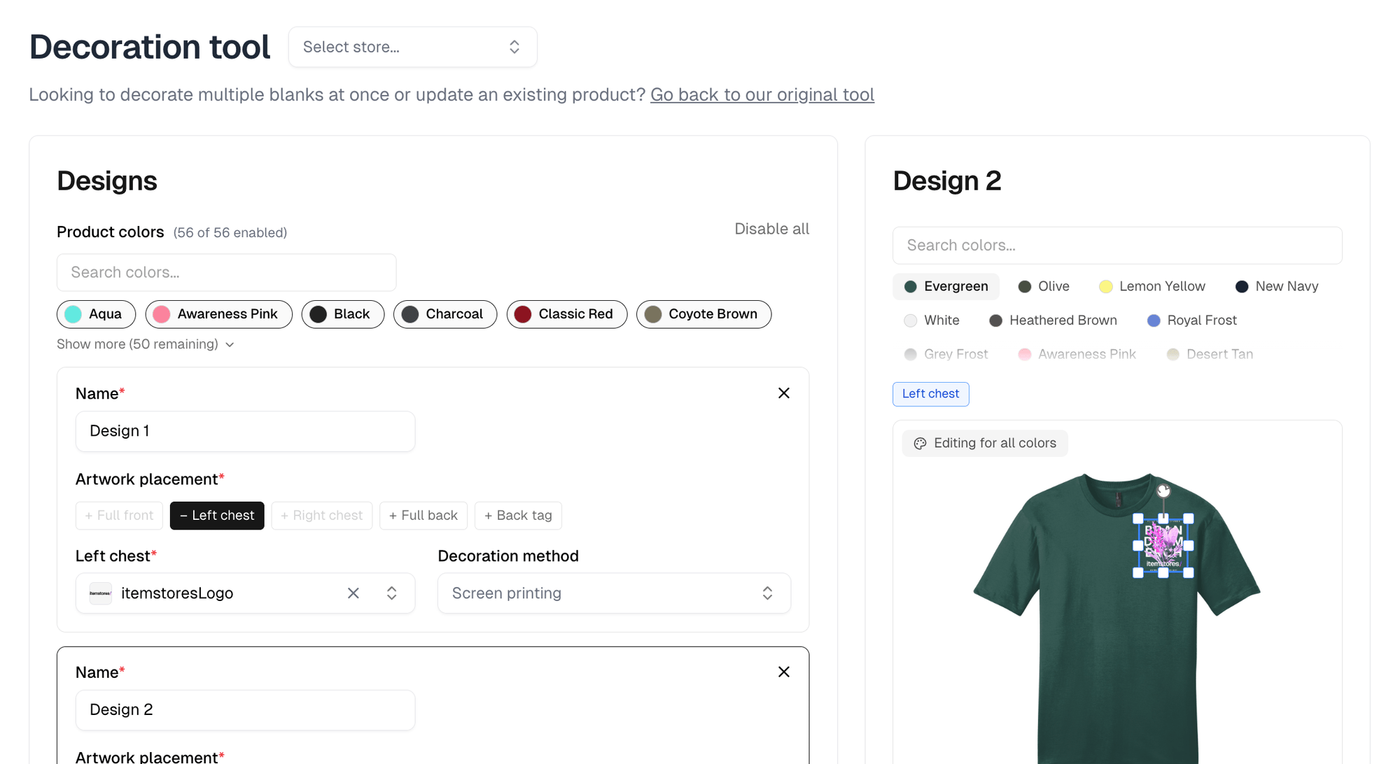The decoration tool, with the Designs column on the left and the selected design's placement editor on the right