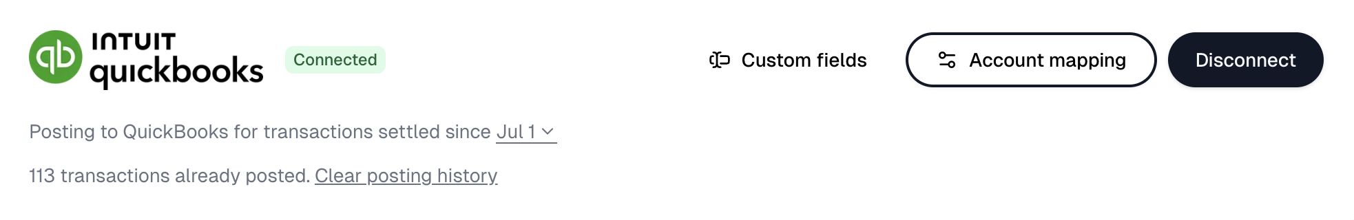 The connected QuickBooks card with Custom fields, Account mapping and Disconnect, its start date picker and the count of transactions already posted