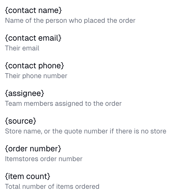 The order details you can insert, each with a short description