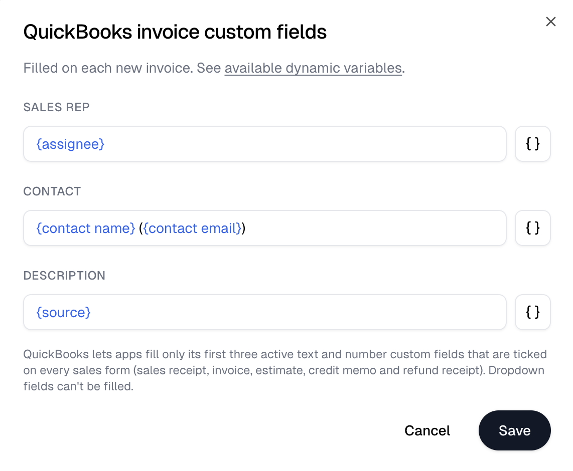 The QuickBooks invoice custom fields dialog with templates for Sales Rep, Contact and Description